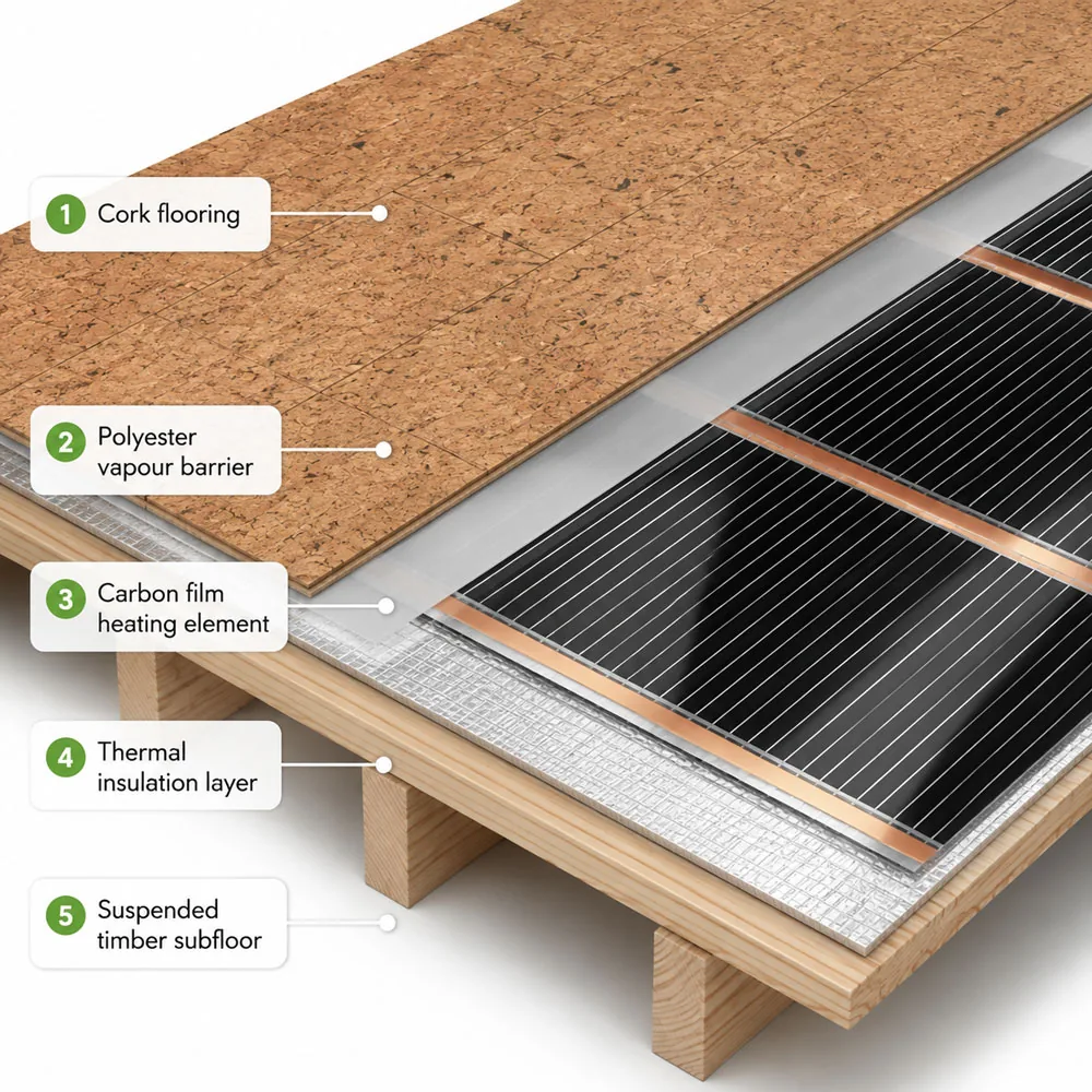 Build-up diagram: cork flooring over carbon film heating