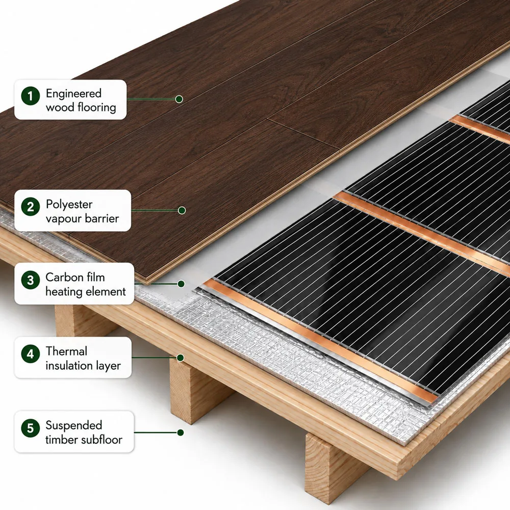 Floor build-up diagram showing Depron beneath a wood floor