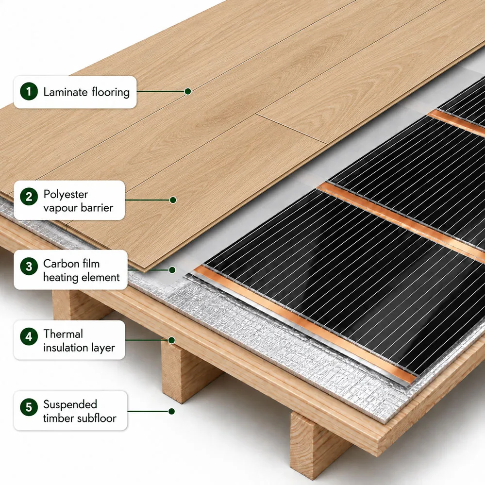 Build-up diagram: laminate flooring over carbon film heating