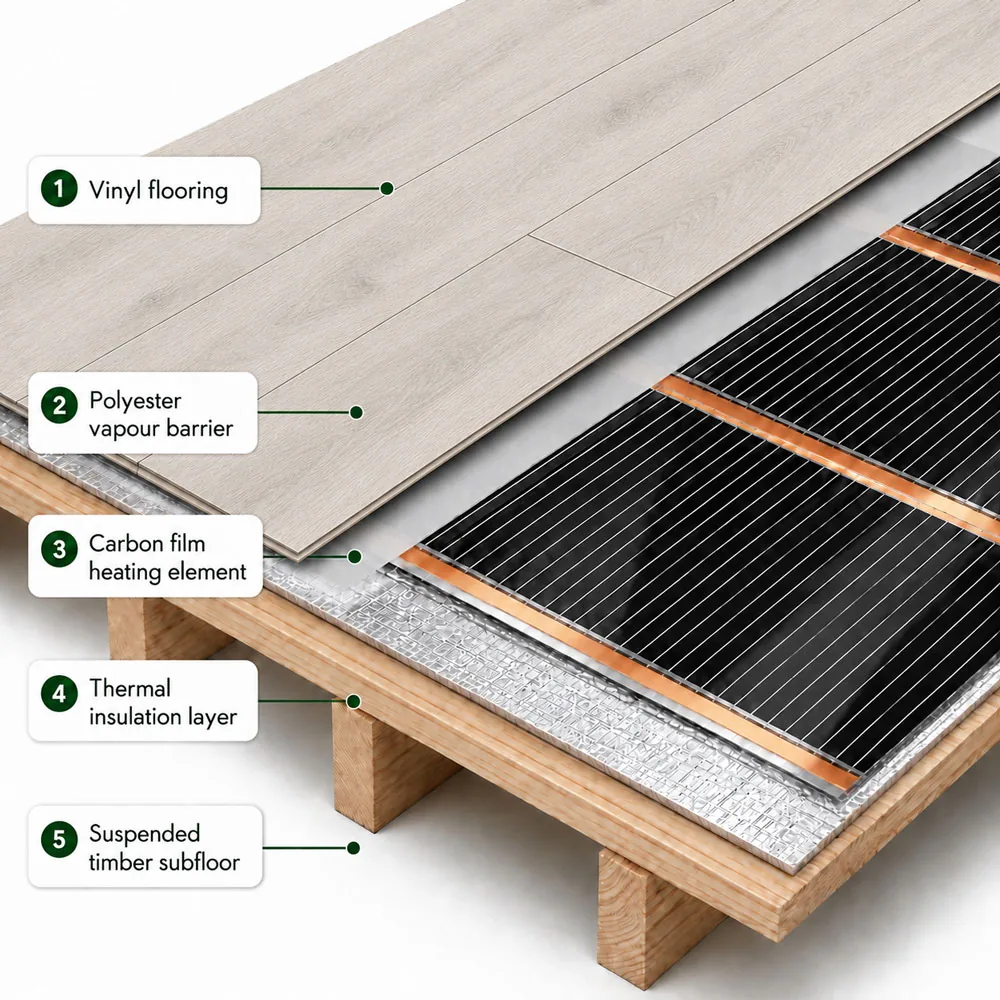 Build-up diagram: vinyl flooring over carbon film heating