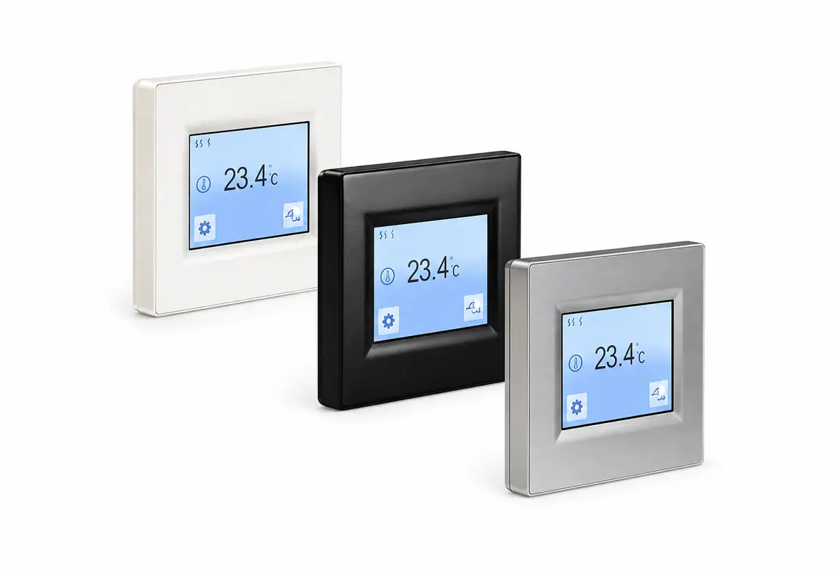 Touch floor sensing thermostat in white, black and silver finishes